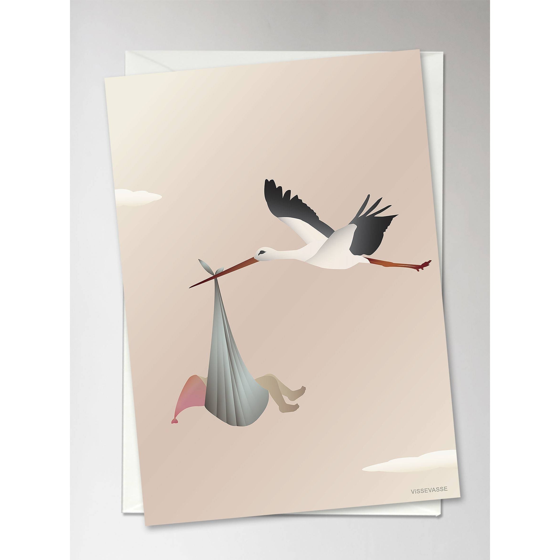 Vissevasse Stork Greeting Card 10.5 X15 Cm, Pink