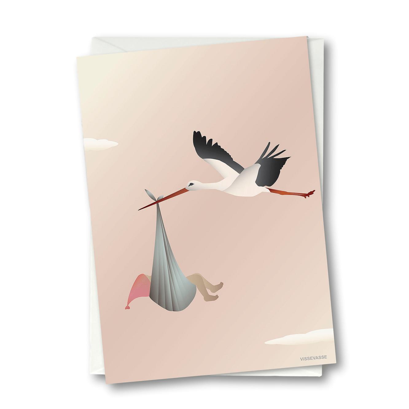 Vissevasse Stork Greeting Card 10.5 X15 Cm, Pink